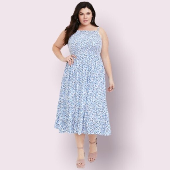 Torrid Ikat Challis Smocked Midi Dress Blue White NWT Womens Size 1 - Picture 1 of 12